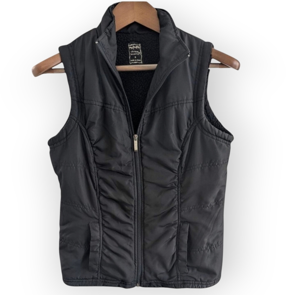 Three Hearts Small Black Fleece Lined Vest Zip Front 2 Pockets